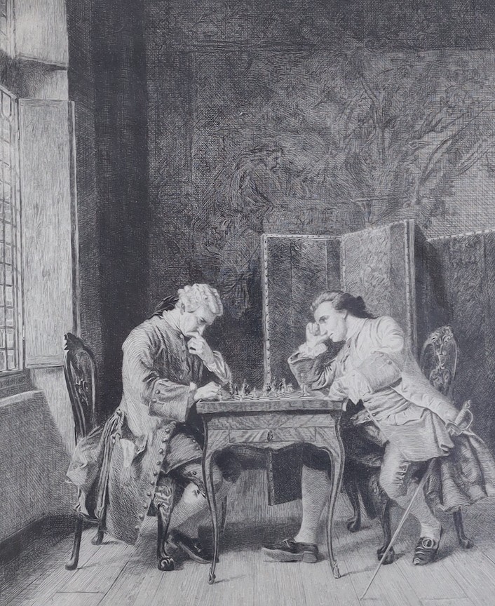 Paul Carlani, coloured etching, La Pont St Denis, signed in pencil, 24 x 30cm and an Italian etching of chess players